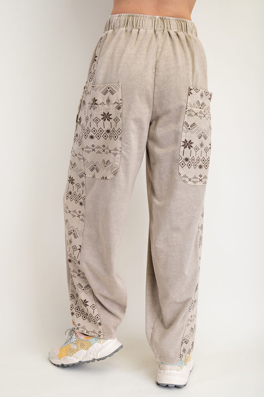 ETHNIC PRINT MIX MINERAL WASHED TWILL BARREL PANTS