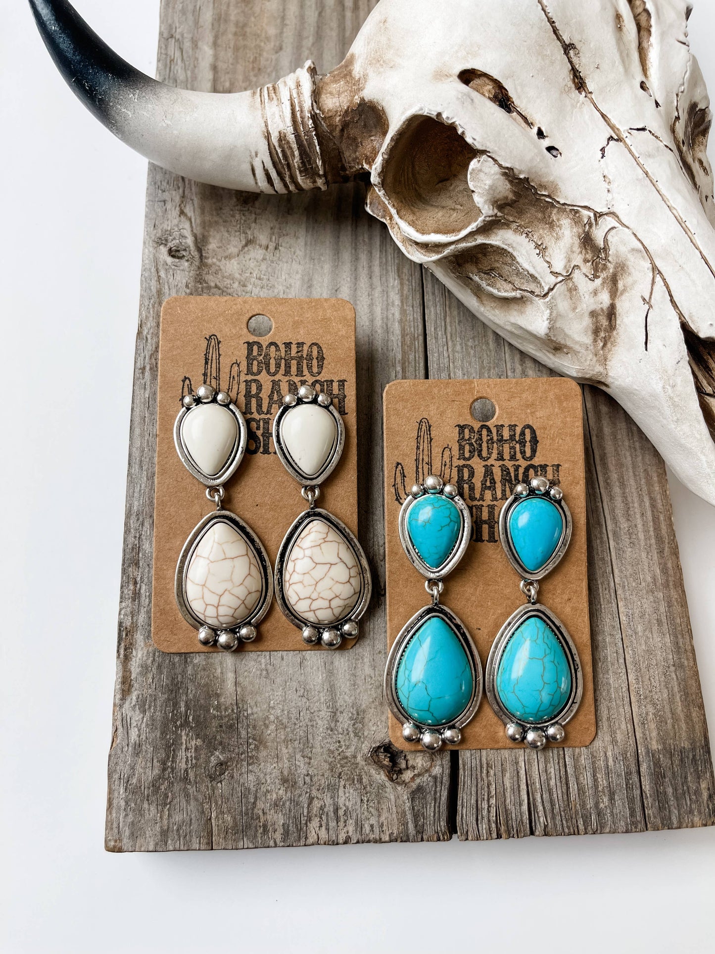 Western Teardrop Stone Dangle Earrings - Turquoise White