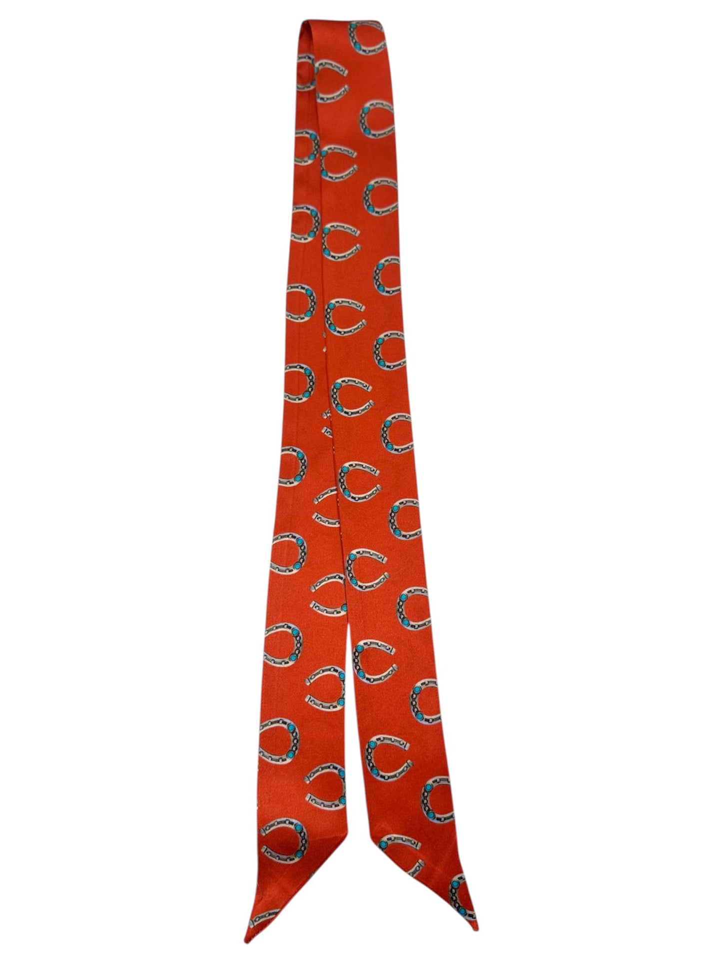 Burnt Orange Silk Twilly Scarf with Silver and Turquoise