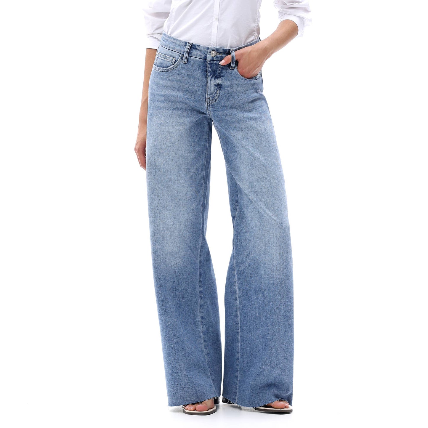 Mid Rise Wide Leg Jeans Raw Hem Vintage Distressed